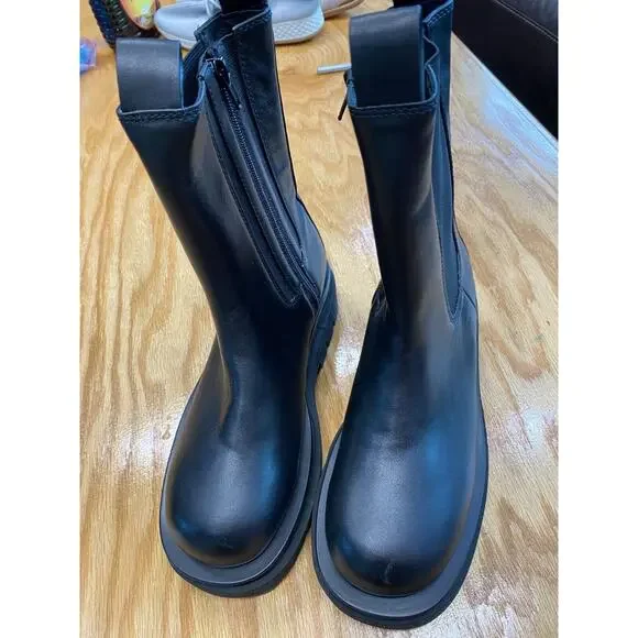 Jeffrey Campbell Chelsea Boots Triple blk Leather Side Zip Mid Calf Lug Sole S11 - Picture 2 of 4